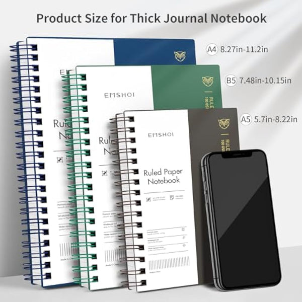 EMSHOI B5 Notebook College Ruled, Spiral Notepad 150 Sheets/300 Pages, 100gsm, PVC Cover, Sticky Notes, Pocket, Pen Loop, Ruler, Bookmark, Lined Journal for Women Men Writing, 19 x 25cm, Dark Green