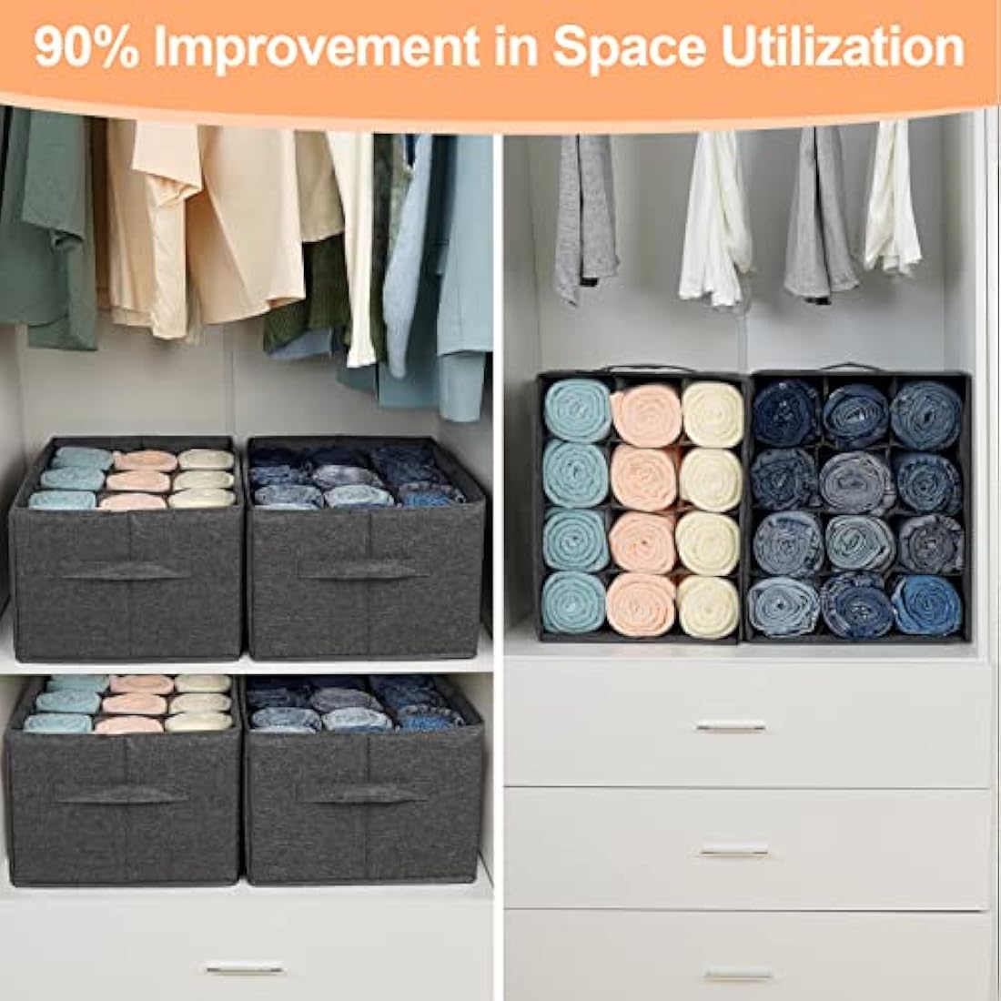 EASEVE 4 Pack Wardrobe Organiser Clothes Storage Boxes - 12 Cell Foldable Closet Shelf Drawer Dividers for Cupboard Organizer, Stackable Clothing Box for Jeans, Trouser, Pants, T-shirt, Sweater