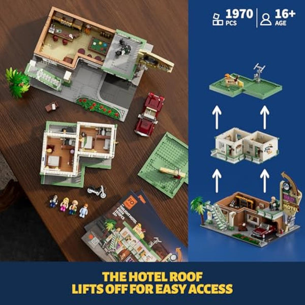FUNWHOLE City Car-Hotel Lighting Building-Bricks Set - Road Trip Modular Twilight Motel Collection Light Car and Motorcycle Building Set 1970 Pcs for Adults and Teen