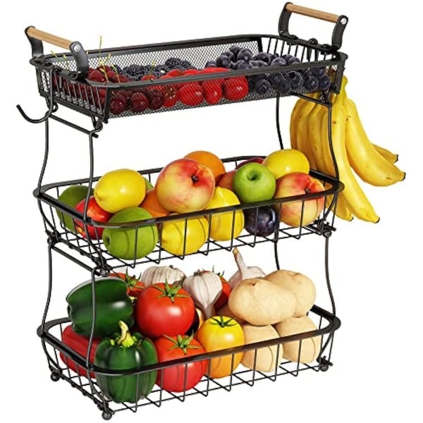 ANTOPY 3 Tier Fruit Basket with 2 Banana Hangers, Countertop Vegetable Bowl Kitchen Counter Metal Mesh Fruits Stand Produce Holder Organizer Onion Potato Bread Snack Veggie, Black