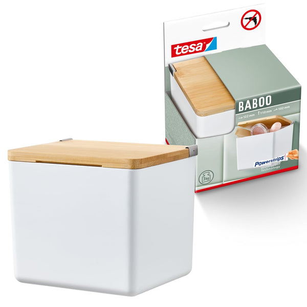 tesa Baboo S Bathroom Organiser with lid, matt-white - Square storage box, for wall mounting without drilling, incl. tesa Powerstrips Waterproof