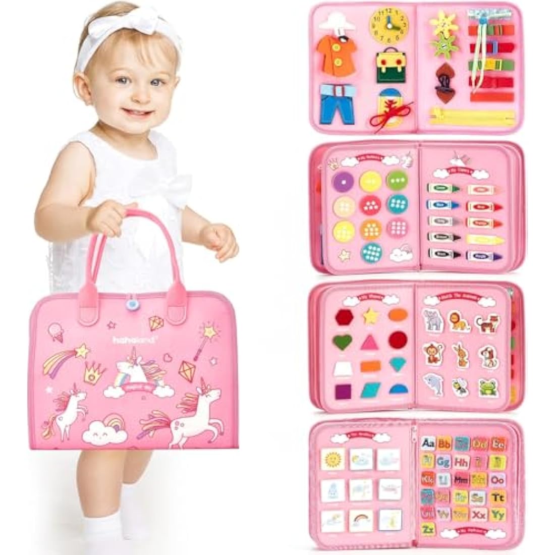 Hahaland Montessori Busy Board for Children of 3+ Years Old, Activity Sensory Book Offers Preschool Educational Skill Learning, Quiet Travel Toys for Plane Car, Birthday Gifts for Girls - Pink Unicorn