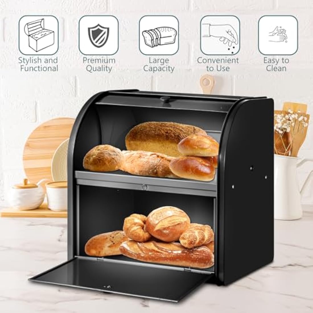 Dyserbuy 2-Layer Bread Bin, Bread Bins for Kitchen, Large Bread Box with Roll Top Lid, Metal Bread Container, Storage Bin for Fresh Loaves, Cookies, Pastries 30 x 25 x 33 cm (Black)