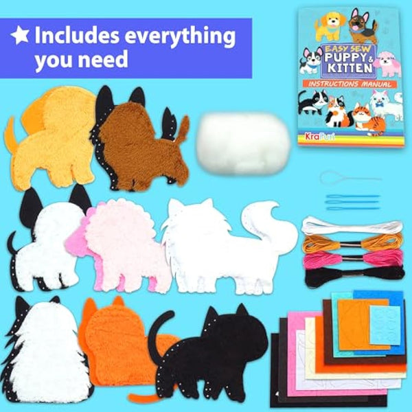 KRAFUN Easy Sewing Kit for Kids, Beginner Crafts with 8 DIY Stuffed Dolls (Puppies, Kittens, Dogs, Cats), Felt Materials, Instructions, Embroidery Supplies, Pre-Punched Fabric, Gift for Girls & Boys