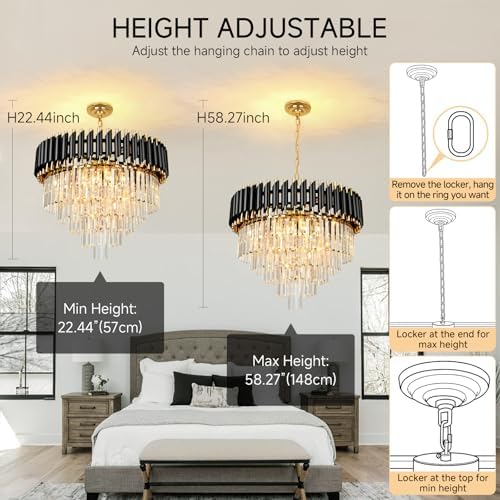 AOOCHOK Black and Gold Crystal Chandelier Pendant Light, Round Modern Crystal Chandelier for Dining Room, Living Room, Bedroom, Restaurant, E14 x 8, Φ60cm