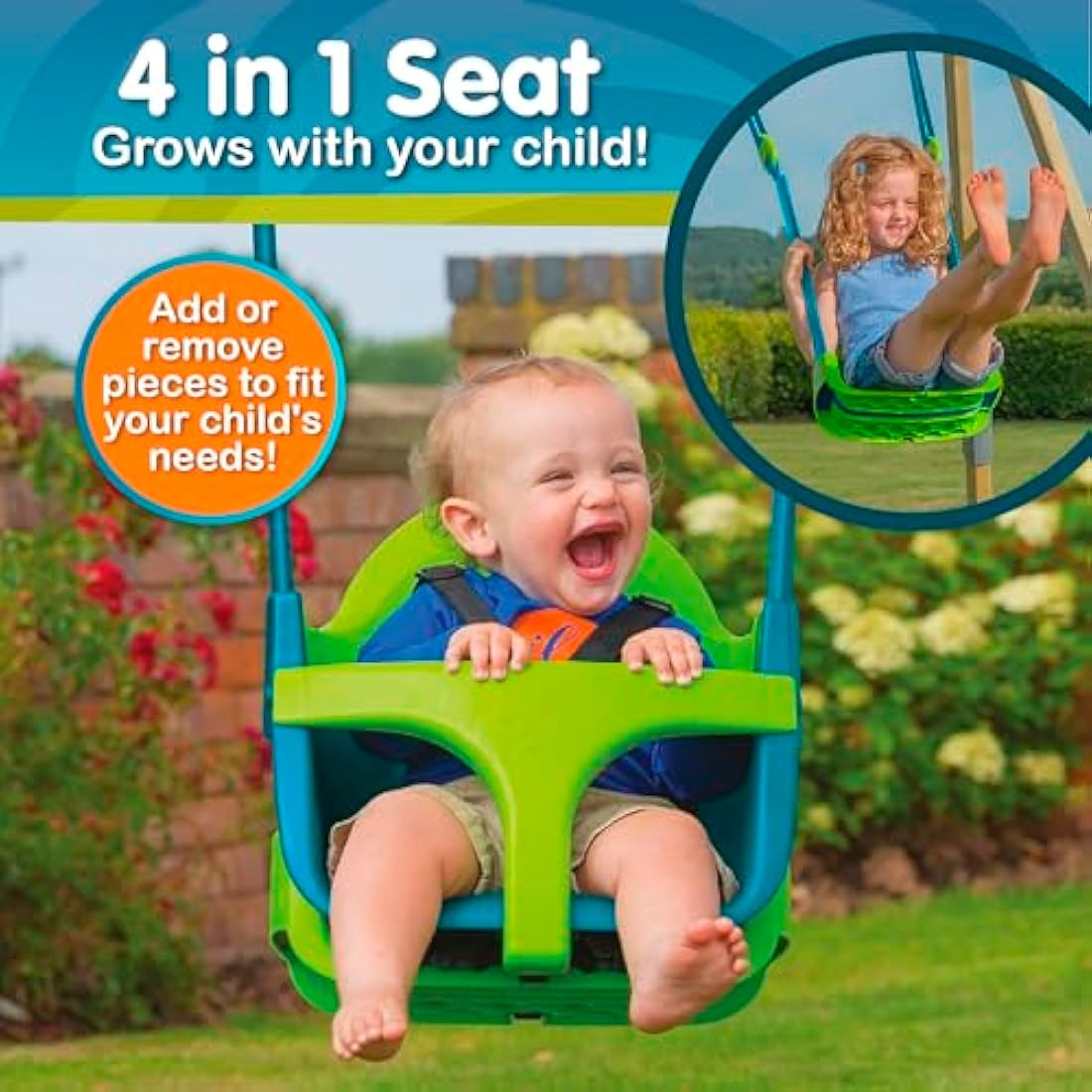 TP Toys Quadpod 4-in-1 Growable Swing Seat Green, Outdoor Playground Baby Swing Seat with Adjustable Ropes and Safety Strap, Toddler Swing for Gardens and Playgrounds, Kids 6 months - 8 years One Size