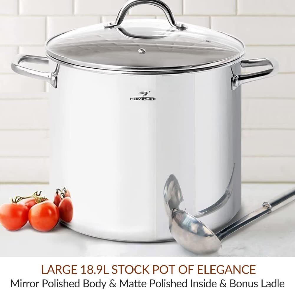 HOMICHEF Large Nickel Free Stainless Steel Stock Pot with Lid (31 cm, 19 Litre) - Mirror Polished Stock Pot 19L with Lid - Heavy Soup Pot Large