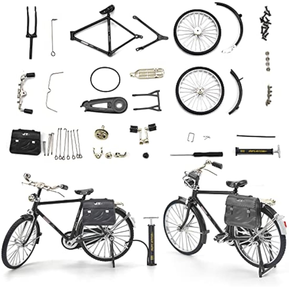 1PCS Retro Bicycle Model Ornament for Kids, 51 Pcs Simulation Mini Bike Model Scale Kit with Inflator & Briefcase, 1:10 Creative Iron Art Tabletop Ornament Toys for Gifts Home Office Decor (BLACK)