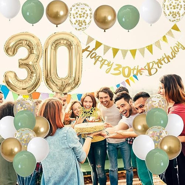 30th Birthday Decorations for Women Men, Happy Banner With Cake Topper Number 30 Foil Balloon, Sage Green White Gold Balloons for 30 Year Old Party Decoration