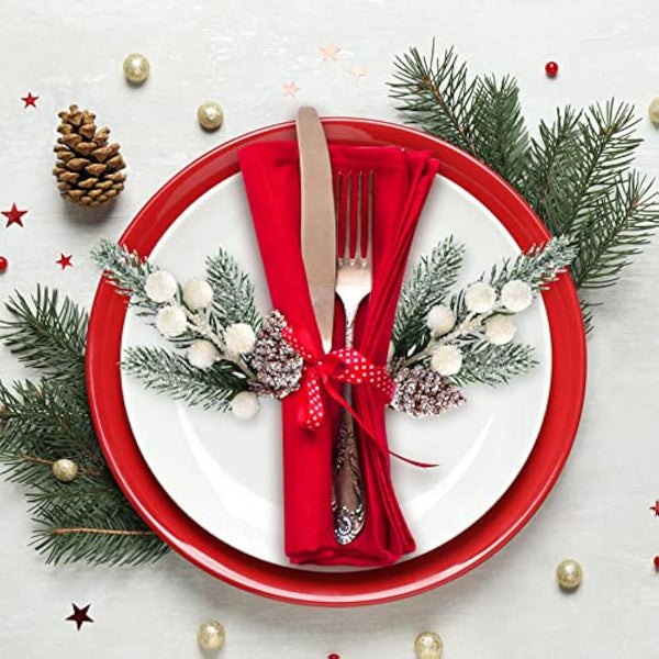 ELECLAND 10 Pcs Christmas Decorations Artificial Pine Branches Stems Spray With Pine Cones Faux Red Berry Holly Leaves for Craft Floral Wreath Ornaments, White