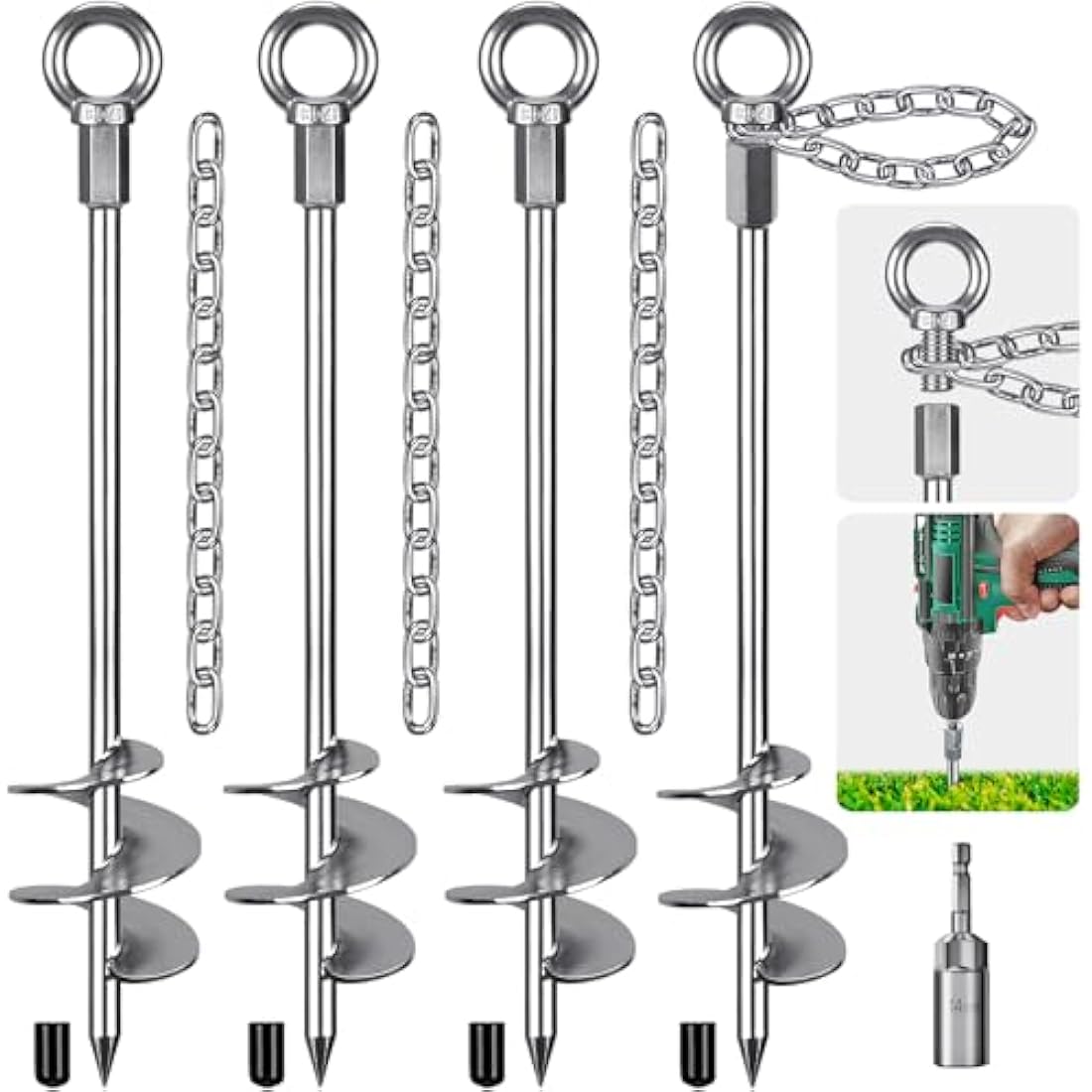 Insaga Tent Peg, 45cm Heavy Duty Ground Anchor Large Metal Earth Stake Spiral Blade Screw in Trampolines Spike for Swing Set/Camping/Shed/Dog/Carport with 37cm Fixed Chain, 4 Pack