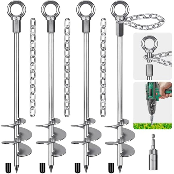 Insaga Tent Peg, 45cm Heavy Duty Ground Anchor Large Metal Earth Stake Spiral Blade Screw in Trampolines Spike for Swing Set/Camping/Shed/Dog/Carport with 37cm Fixed Chain, 4 Pack