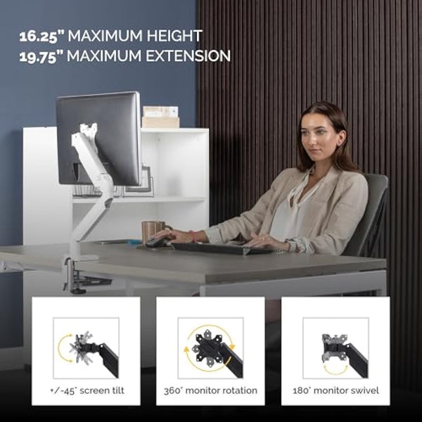 Fellowes Platinum Series Monitor Arm - Monitor Mount for 8KG 40 Inch Screens - Adjustable Monitor Desk Mount - Tilt 45° Pan 180° Swivel 360° Rotation 360°, VESA 75 x 75/100 x 100 - White