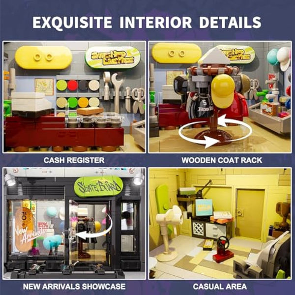 FUNWHOLE Skate-Shop Lighting Building-Bricks Set - Street Fusion City Skate Store Collection LED Light Modular Building Kit 1573 Pcs for Adults and Teen