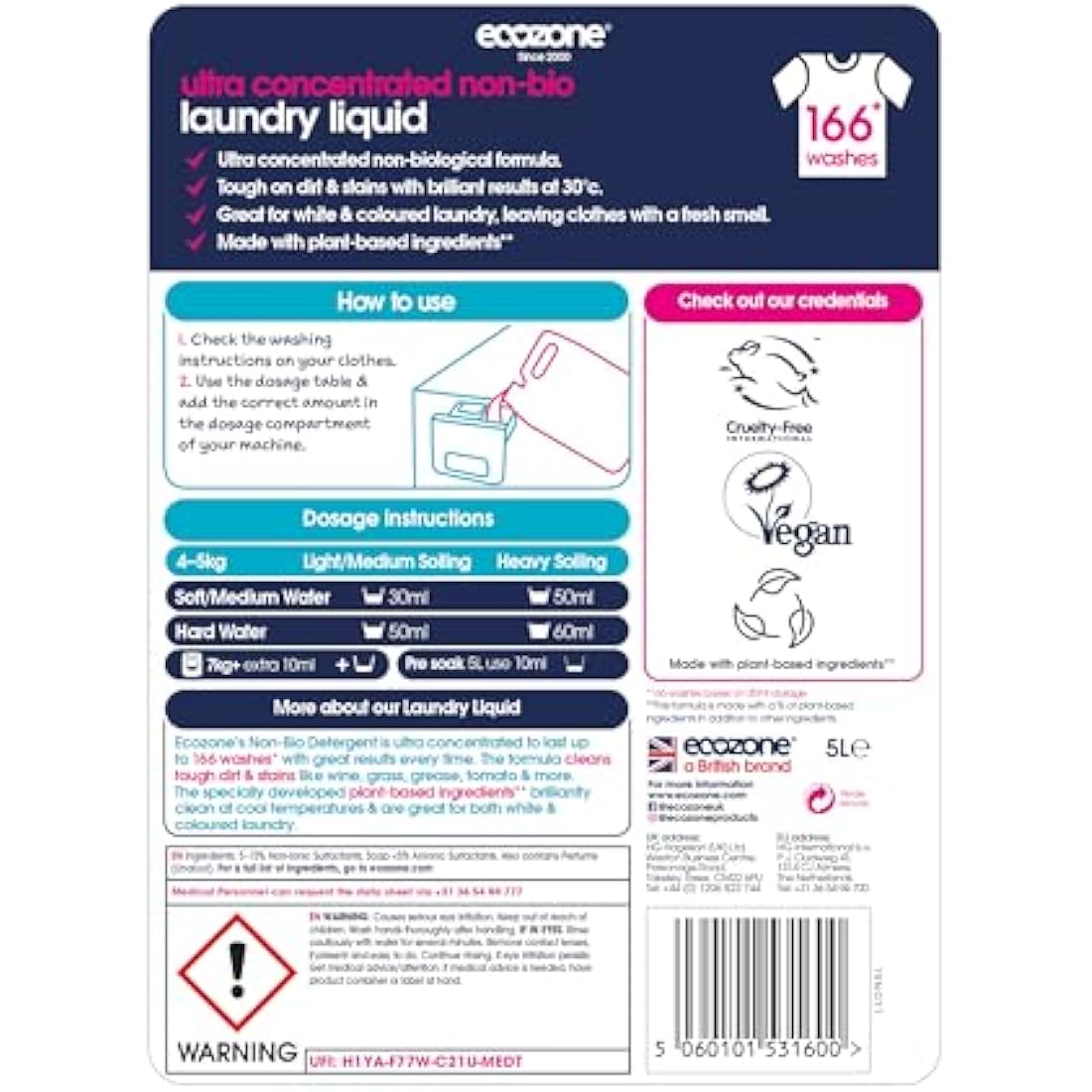 EcoZone Ultra Concentrated Laundry Liquid, Non Bio Detergent, Washing Machine Clothing Stain Removal & Cleaning Solution, Natural Vegan & Non Toxic, Eco Friendly, Gentle on Skin, 166 washes (5L)