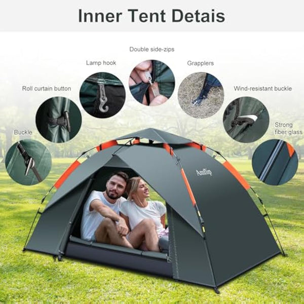 Amflip Camping Tent Automatic 1 Man Person Instant Tent Pop Up Ultralight Dome Tent 4 Seasons Waterproof & Windproof Camping Tent with Removable Outer Tarpaulin, Double Layers
