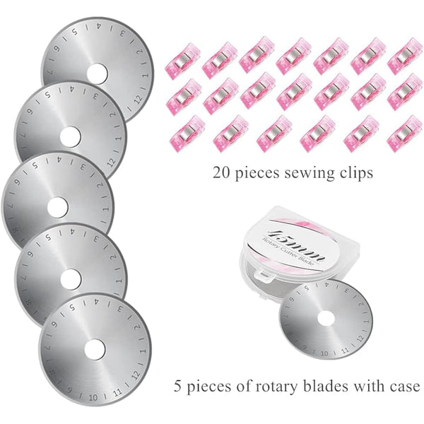 Rotary Cutter Set Pink - Quilting Kit incl. 45mm Fabric Cutter, 5 Extra Rotary Blades, A2 Self Healing Cutting Mat, Acrylic Ruler and Sewing Clips, Scissors, Ideal for Crafting, Sewing, Patchworking