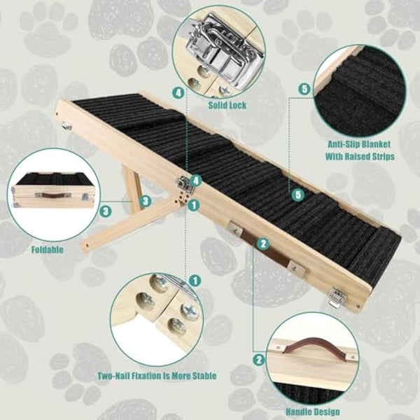 Umtiti Wooden Folding Portable Pet Ramp. 4 Levels Adjustable 9" to 17.3" with Non-Slip 5 Paw Traction Mat for Small Medium Doggie.Dog Ramps-BK,UK