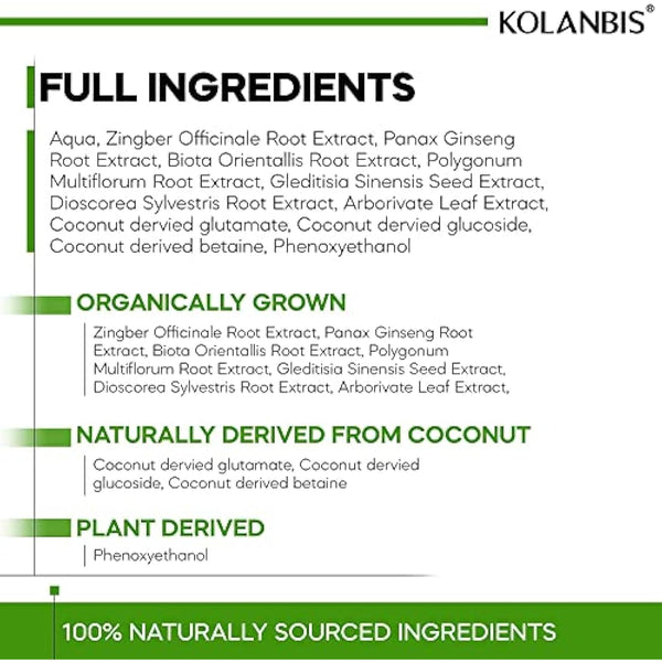 Kolanbis Hair Growth Shampoo | 100% Natural Formula | Made from Organic Plant Extracts | Sulphate and Paraben Free | Increases Hair Growth | Reduces Hair Loss | Men and Women