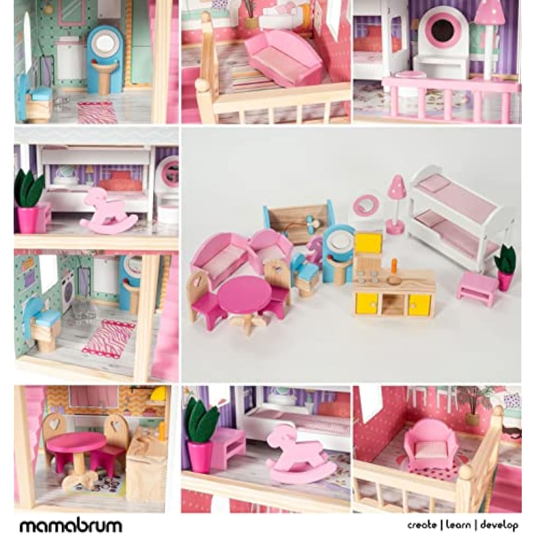 Mamabrum Dolls House with Furniture Set – Large 3-Story Wooden Playhouse with LED Lights – Fully Furnished Dollhouse for Girls – Pretend Play Set for Kids 3+