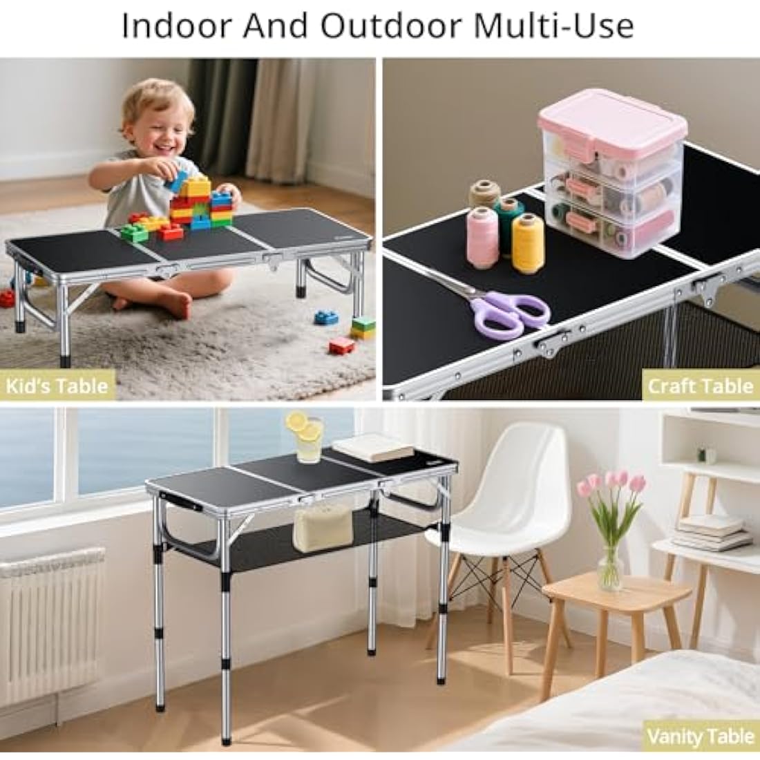 Anbte Folding Camping Table, Aluminum 88 cm x 40 cm Portable Table Picnic Table with Storage Net Adjustable Waterproof Lightweight Foldable Stored for Outdoor Indoor Picnic Beach Backyard(3 heights)