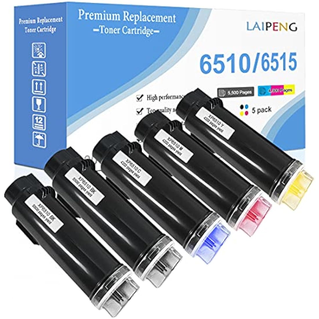5 Packs Compatible Toner Cartridges (2BK + C M Y) High Capacity 5500 Pages for BK & 4300 Pages for C M Y for Xerox Phaser 6510 6510n 6510dn 6510dni, WorkCentre 6515 6515n 6515dn 6515dni