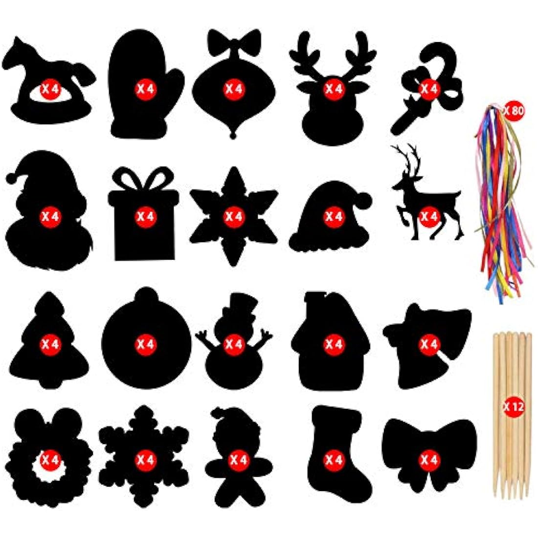 LOKIPA Christmas Scratch Paper Art Ornaments,80 Rainbow Magic Scratch Off Paper Cards with Drawing Sticks&Ribbon for Christmas Decoration