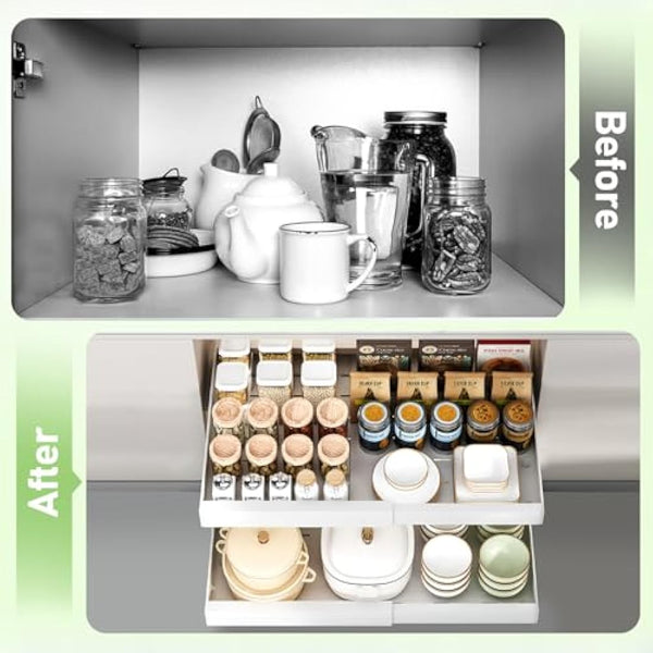 HumiLuft 2PCS Pull Out Cabinet Organiser, 32-52cm Extendable Slide Out Kitchen Drawer Adhesive,Upgrade 3-Rails Slide Drawers Storage Shelves with Rail System for Kitchen Base Cabinet Organization