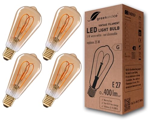 greenandco E27 ST64 LED Vintage Fflament Bulb 5W Replaces 35W 400lm 2000K Extra Warm White 360 230V, no Flicker, not dimmable, 4-Pack