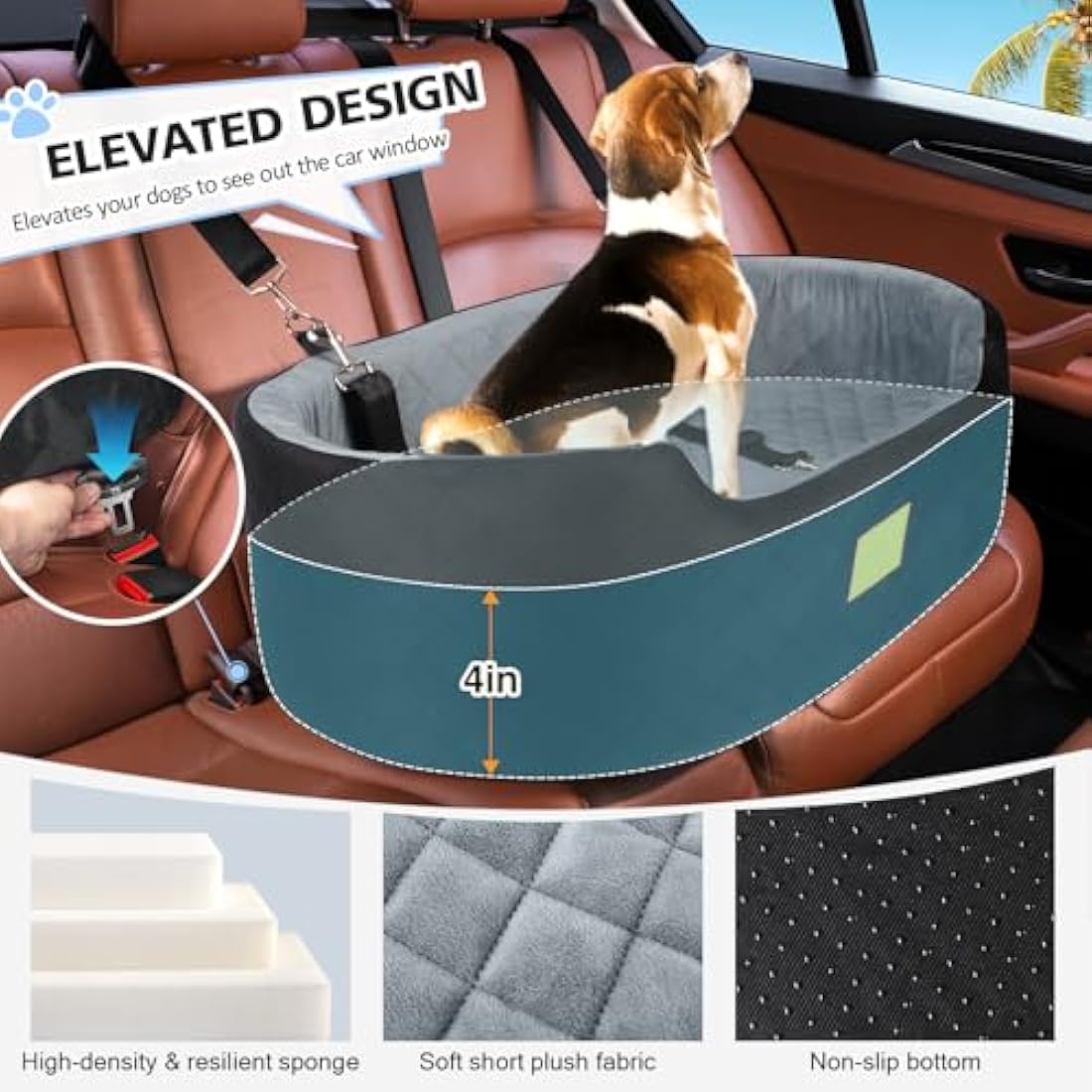 Dog Car Seat for Large/Medium Dogs Under 55 lbs, Travel Bed with thick Washable Booster with Non-Slip Base, Fits SUV & Car Back Seat (Black/Grey)