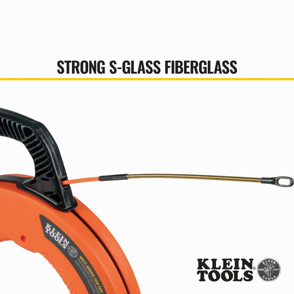 KLEIN TOOLS 56382 Fish Tape, Multi-Groove Fiberglass Wire Puller with Nylon Tip, Optimized Housing and Handle,Orange/Black, 15 m