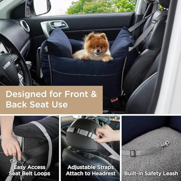 Lesure Dog Car Seat for Medium Dog - Waterproof Dog Booster Seat for Car with Storage Pockets, Clip-On Safety Leash and Memory Foam Filling, Small Pets Travel Carrier Bed, 58x56x33cm, Mood Indigo