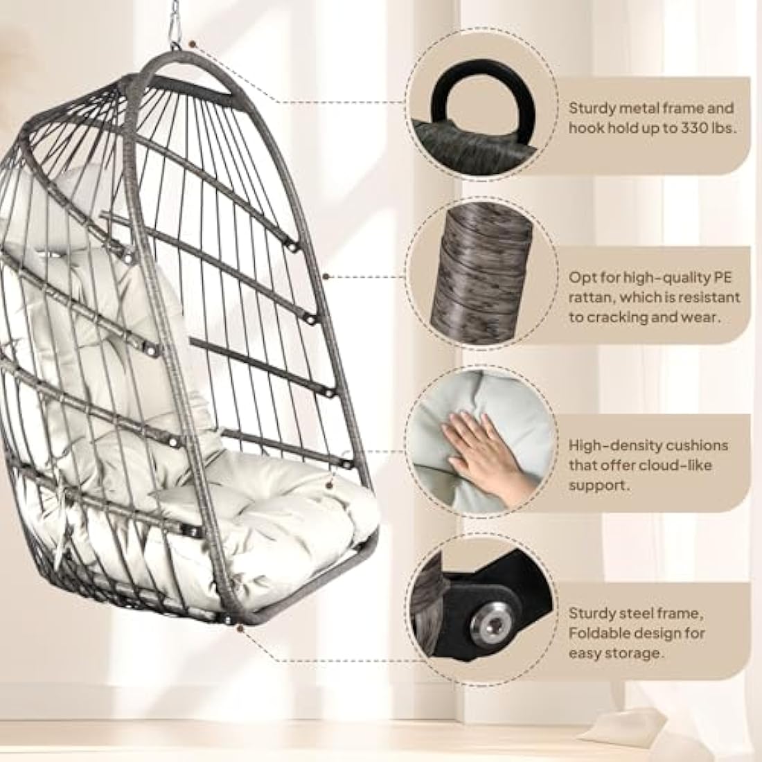 Chihee Egg Chair With Ultra Strong Stand and Cushion - Foldable Wicker Rattan Hanging Swing for Indoor Outdoor Patio Lounging - 330 lbs Capacity Hammock for Balcony, Porch, Bedroom, Garden