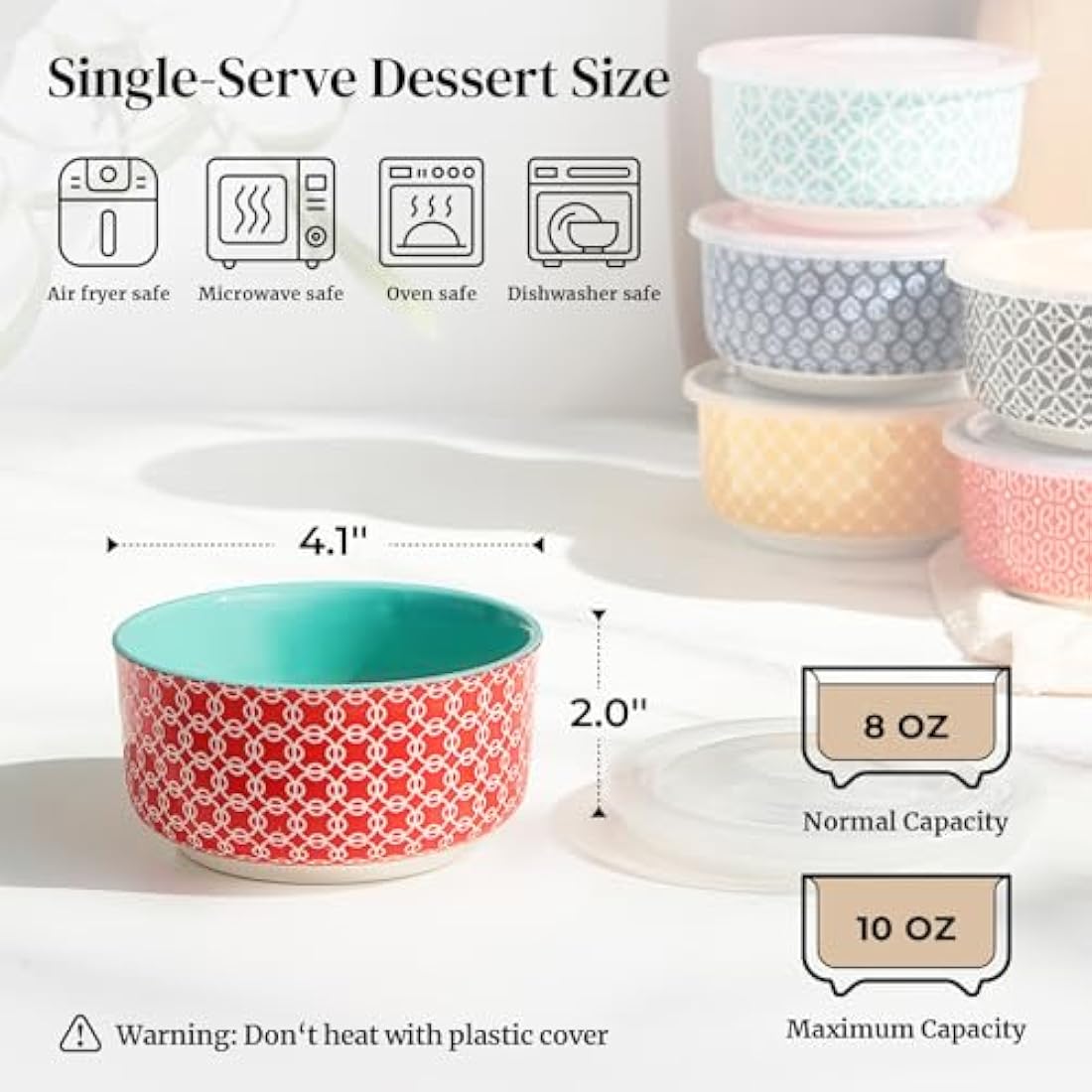 DOWAN Ramekins with Lids, 8 OZ Porcelain Ramekin Dishes for Creme Brulee Soufflé, Egg Mould, Muffin Cases, Mini Dip Bowl, Baking Bowl for Oven & Air Fryer, Vibrant Joy-Pack of 6