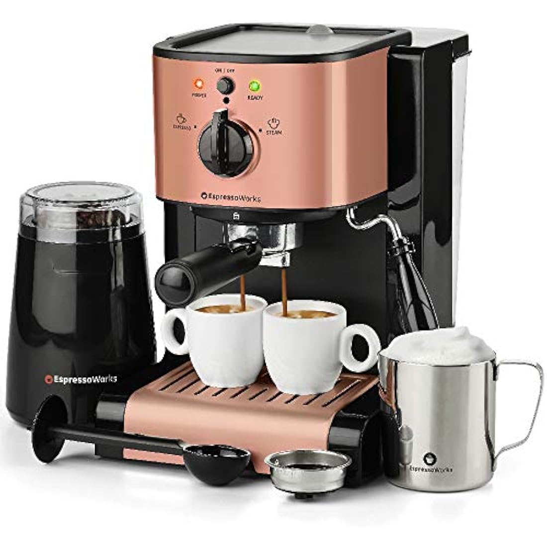 7 Pc All-in-One Espresso & Cappuccino Maker Machine Barista Bundle Set w/Built-in Steam Wand (Inc: Coffee Bean Grinder, Portafilter, Frothing Cup, Spoon w/Tamper & 2 Cups) (Rose Gold)