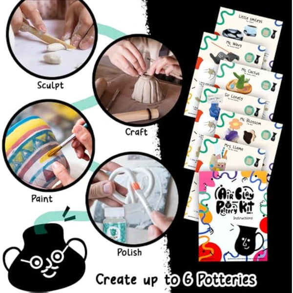 Air Dry DIY Clay Pottery Kit for Beginners & Adults, Sculpting Tools Set & Step-by-Step Guide 12 Paints Paintbrush Varnish Sponge Teen Birthday Gift