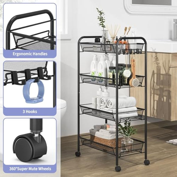 APEXCHASER 4-Tier Rolling Cart,Easy Assemble Mobile Storage Trolley On Wheels,Slide Out Utility Cart Shelving Units Kitchen Bathroom Laundry Room,Black