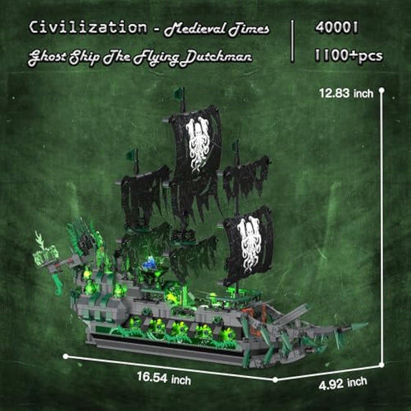 JMBricklayer Ghost Pirate Ship Building Block Toy with Lights, 40001 Flying Dutchman Brick Model to Build for Adults Men, Sail Boats Construction Toy Collection Decor Gifts for Childs 14+ (1100Pcs)