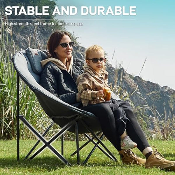 EVER ADVANCED XL Moon Chair for Adults 6cm Padded Garden Saucer Chair, Heavy Duty Camping Foldable Folding Camping with High Back, Super Wide Round Seats for heavy people, supports 150KG Light grey
