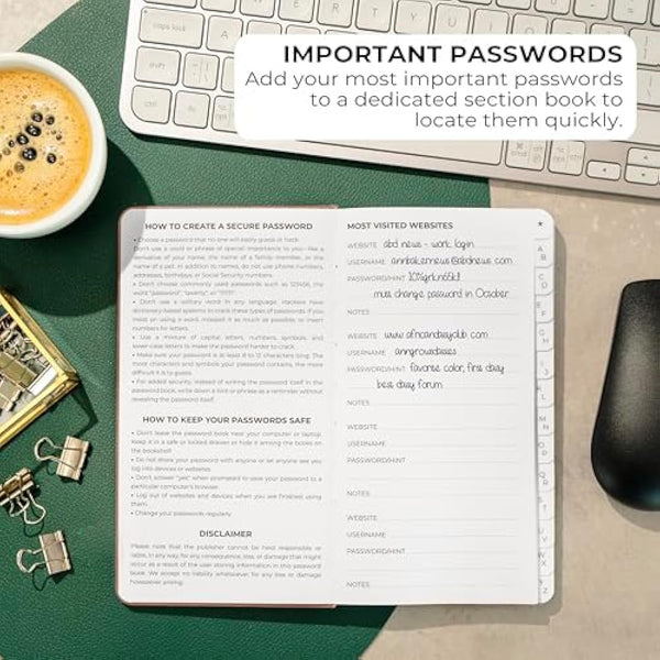 Clever Fox Password Book 2nd Edition – Hardcover Password Keeper with Laminated Alphabetical Tabs – Internet Address Notebook & Login Details Organizer Journal – 10.4x19.3cm (Rose Gold)