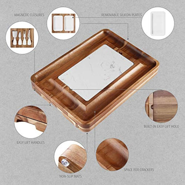 hecef Acacia Wood Cheese Board Set, Cheese Platter with 2 Slide-Out Drawers& Cutlery Set& Snack Plates& Marble Cheese Slate, Charcuterie Board for Serving Housewarming Gifts (White)