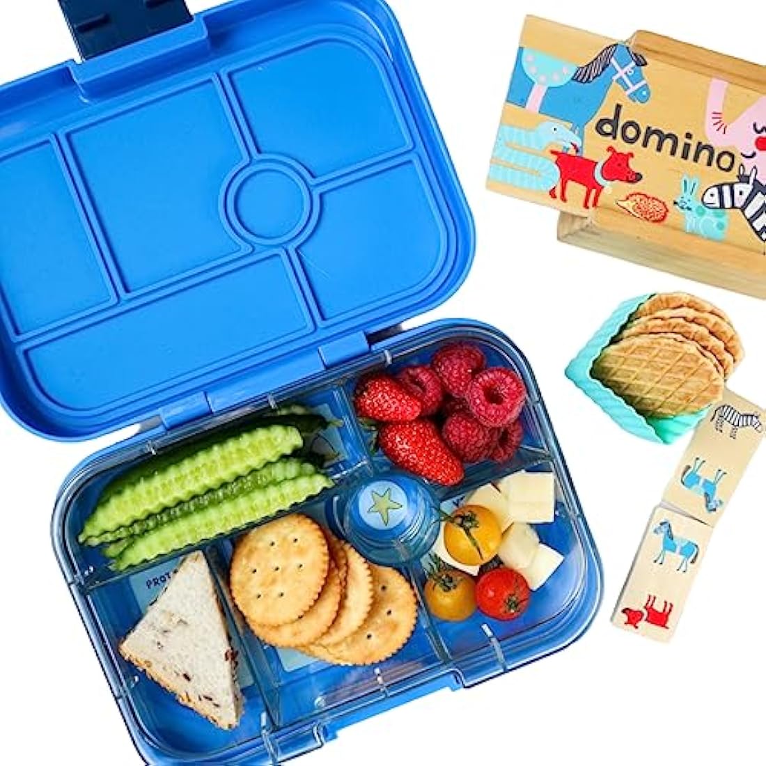 yumbox Original Leakproof Kids Bento Lunch Box, 5 Compartments + Dip Well, Easy-Open Latch, Portion Control, Removable Illustrated Tray, Ages 3-7 (Surf Blue (Funny Monsters Tray))