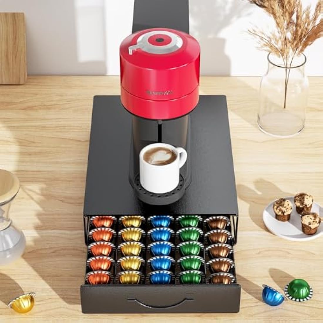 HFHOME Metal Coffee Pod Holder for 50 Nespresso Vertuo Capsules Pods & 50 Dolce Gusto Pods - Nespresso Vertuoline Capsule Drawer Organizer Coffee Machine Stand