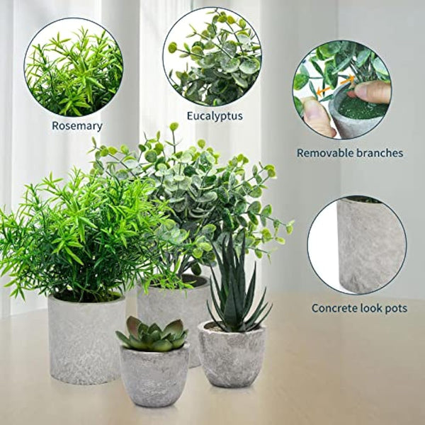 4 Set Artificial Plants Indoors in Pots, Plastic Fake Plants Potted, Eucalyptus, Rosemary, Small Succulents Faux Plants for Office Desk Bedroom Kitchen House Decoration