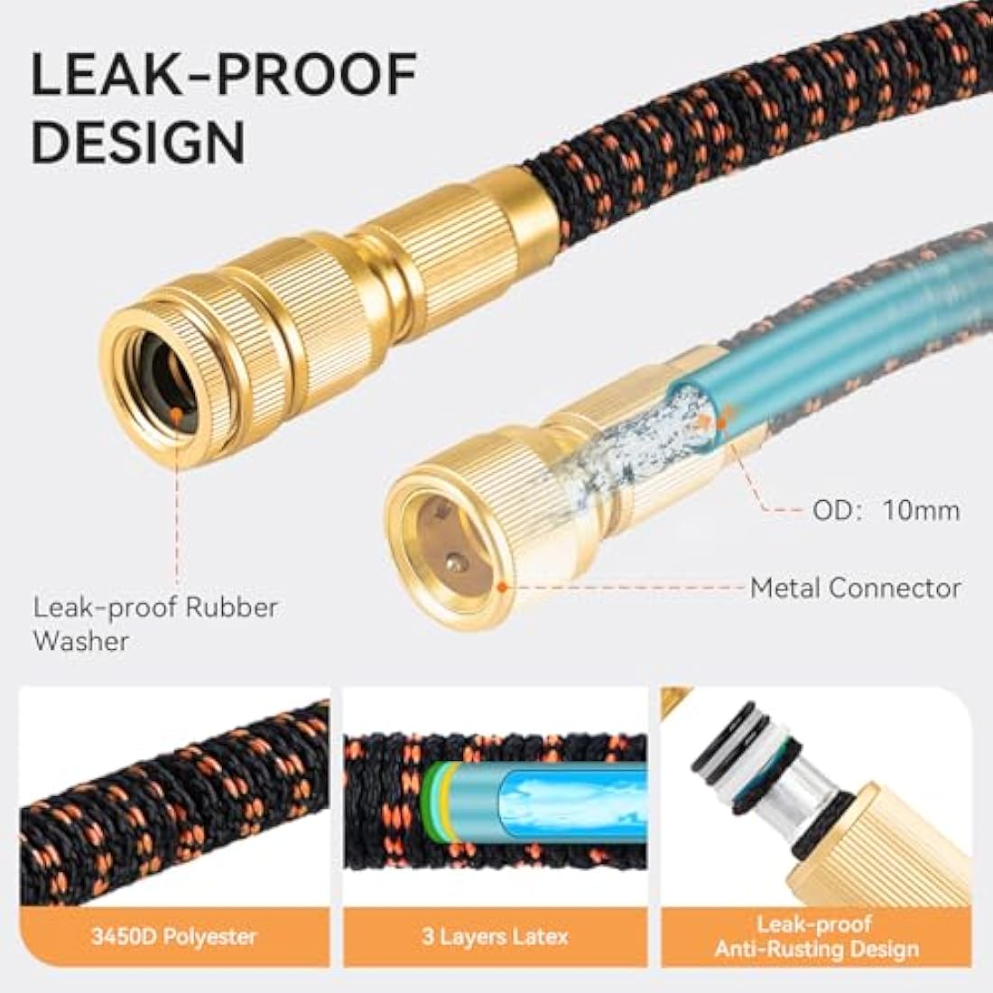 Hose Pipe, Upgraded 3-Layer Latex Expandable Garden Hose 50FT, with 3/4"&1/2" Metal Connectors, No-Kink Flexible Water Hose, 10 Function Spray, for Gardening, Cleaning & Washing(50ft/15m)