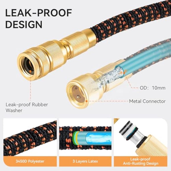 Hose Pipe, Upgraded 3-Layer Latex Expandable Garden Hose 50FT, with 3/4"&1/2" Metal Connectors, No-Kink Flexible Water Hose, 10 Function Spray, for Gardening, Cleaning & Washing(50ft/15m)