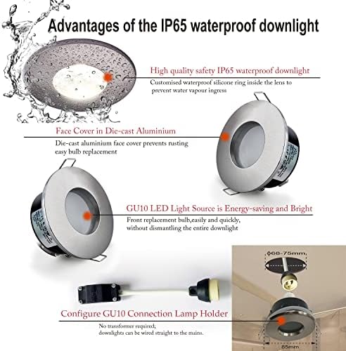 4XSweier LED Recessed IP65 Waterproof Downlight with LED GU10 Cool White 6000K GU10 Base for Bathroom and Kitchen Ceiling Spotlight, Downlight Cutout 68mm Non Dimmable