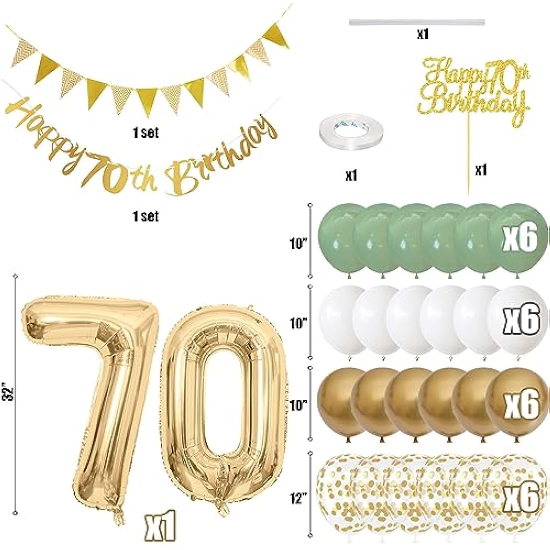 70th Birthday Decorations for Men Women - Sage Green White Gold Balloons with Happy Birthday Banner, Cake Decoration, Number 70 Balloon for Year Old Party Decor