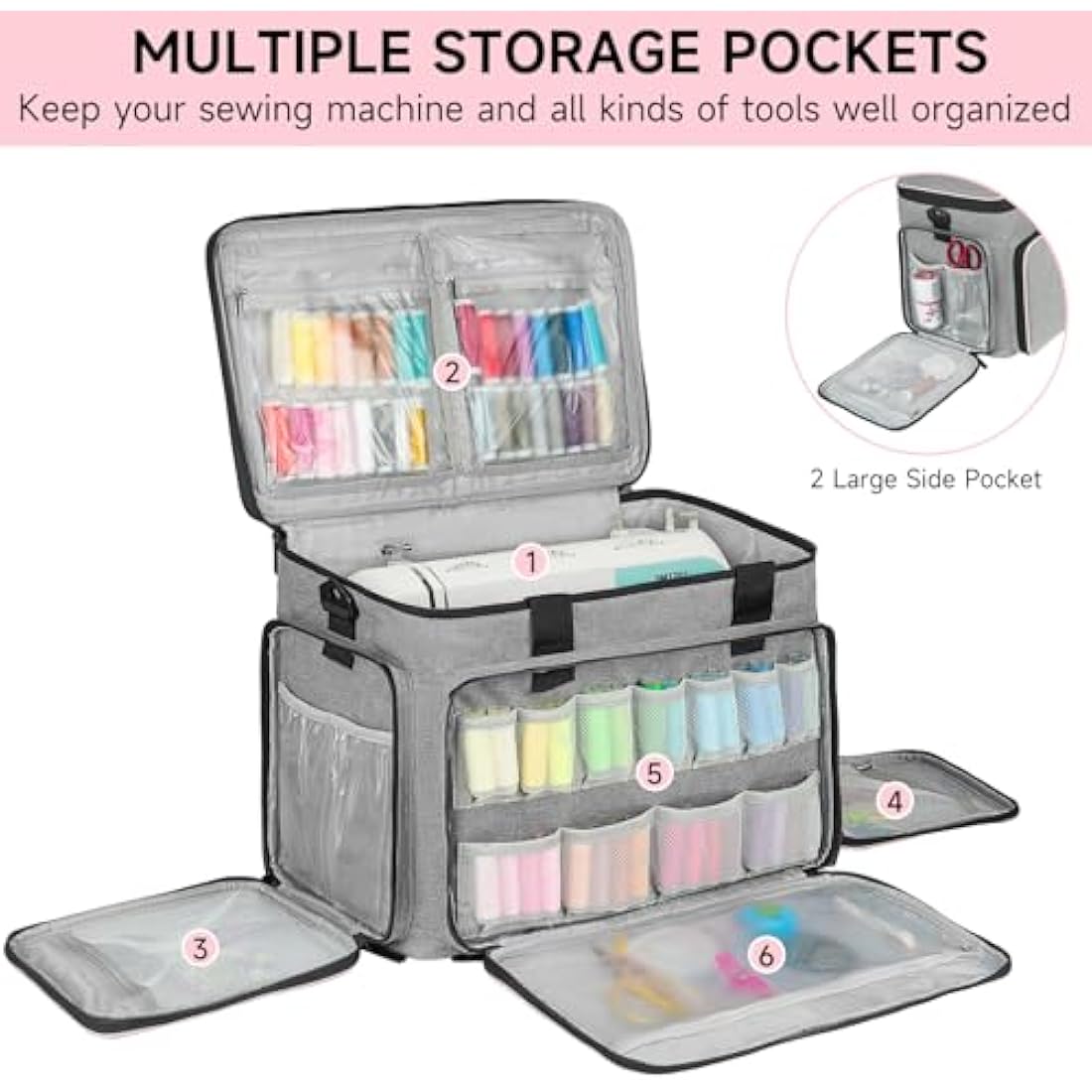 Sewing Machine Carrying Case Bag Compatible for Most Standard Singer,Brother,Janome with Multiple Storage Pockets,Universal Travel Tote Bag with Shoulder Strap for Sewing Machine and Supplies,Grey