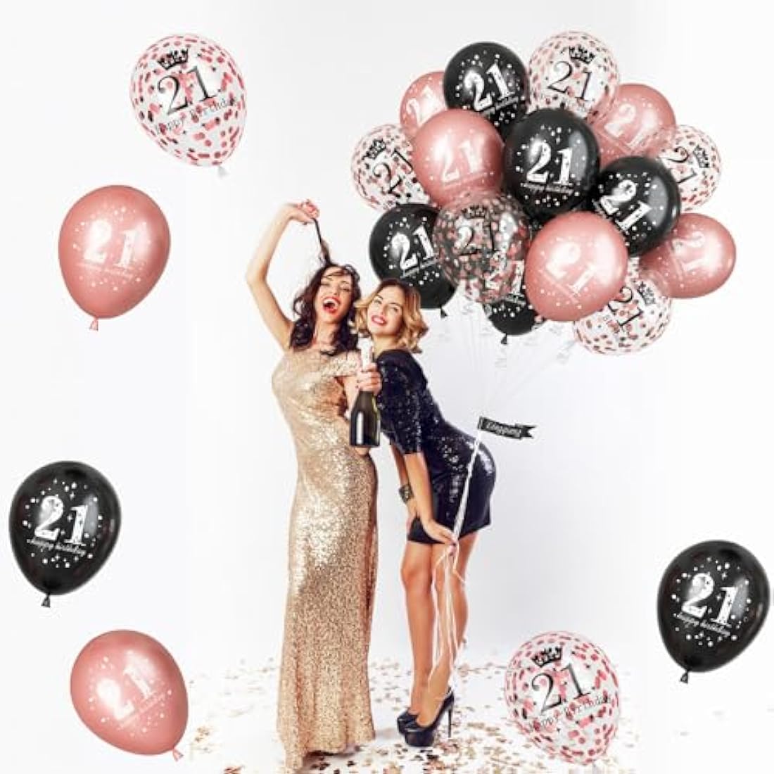 21st Birthday Decorations for Her, 15 Pcs Happy 21st Birthday Balloons Latex Helium Black Rose Gold Confetti Balloons for Girls Women Age 21 Years Old Birthday Celebration Party Decorations Supplies